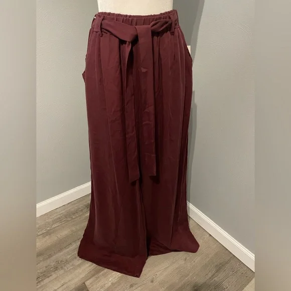 Burgundy Wide Leg High Waisted Tie Waist Trousers